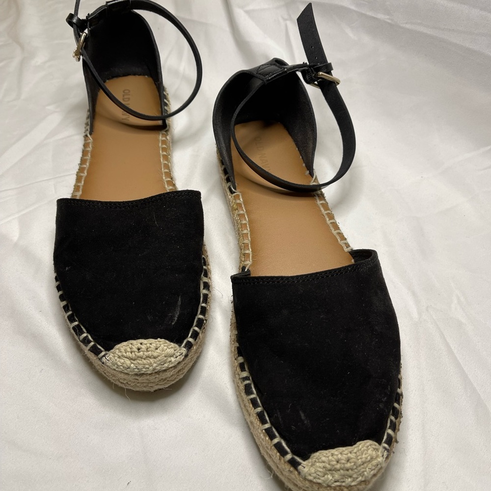 Black Espadrilles flats with natural colored rope and ankle strap